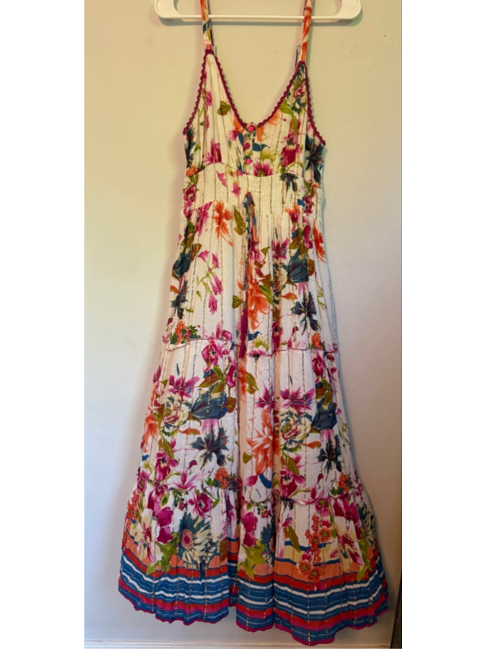 Rich): Me 2 Magic Anthropologie Floral Metallic Pinstripe Tiered Maxi Dress Size